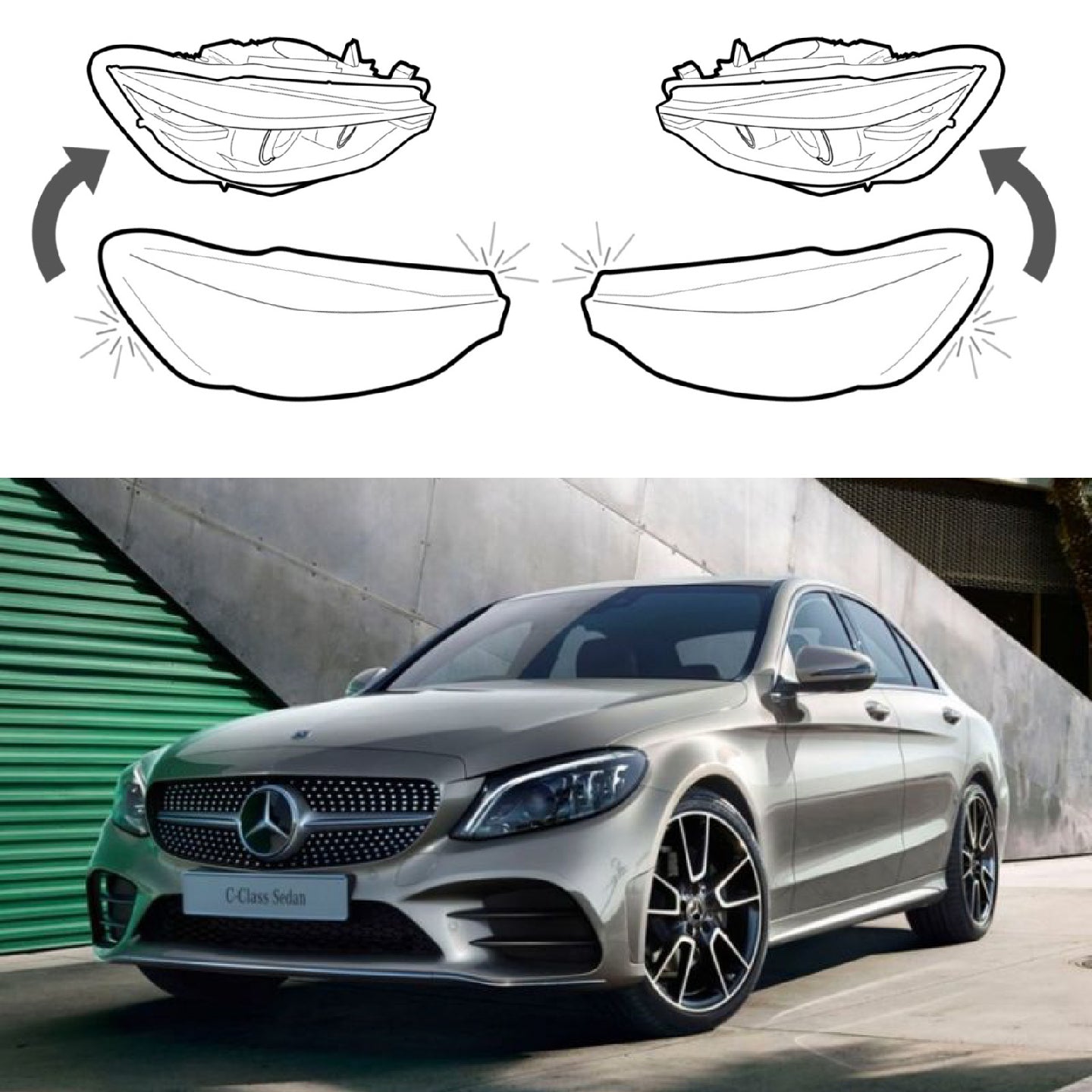 Headlight Lens covers for Mercedes Benz C W205 (2019-2021) Facelift